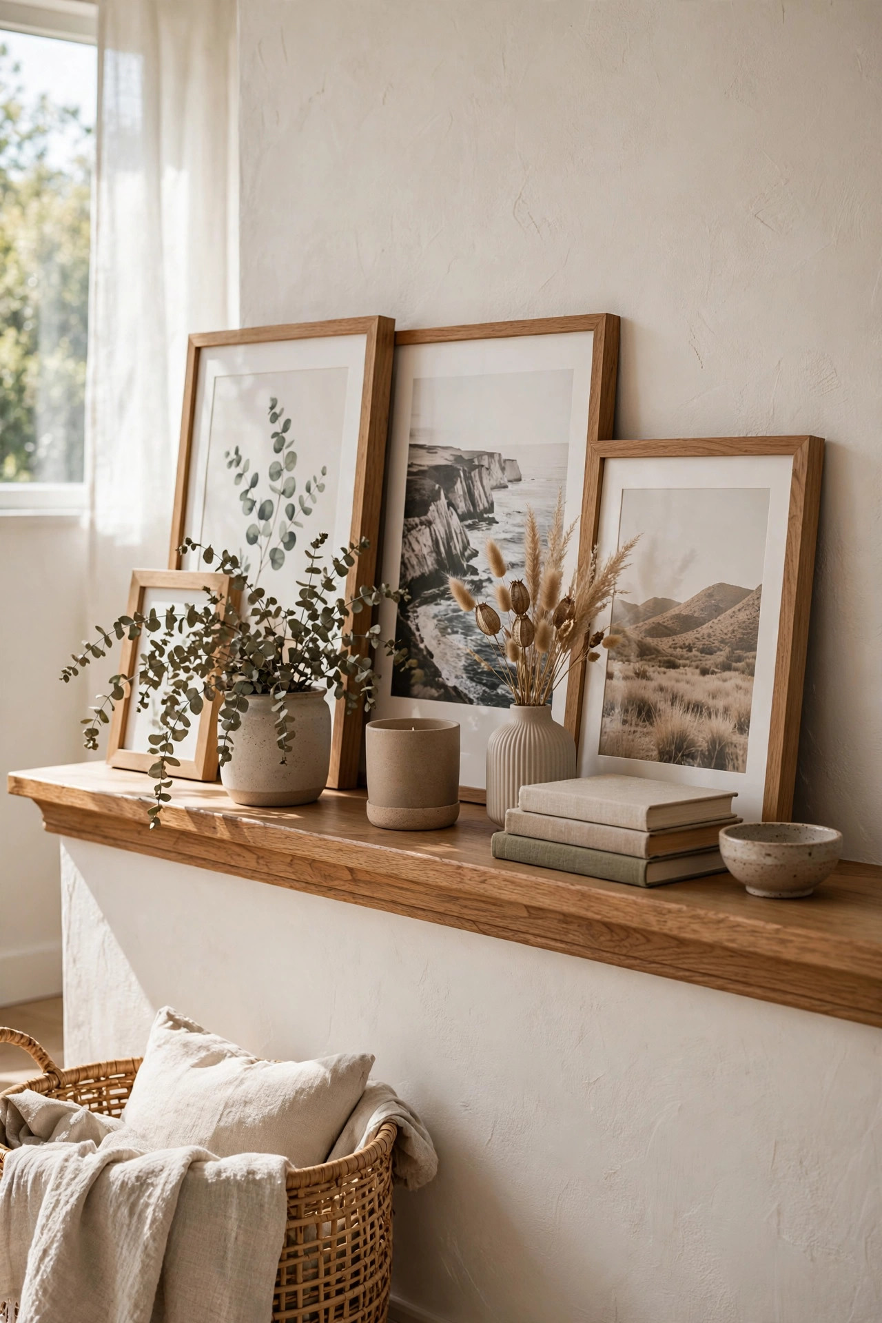 DIY wooden photo ledge shelf with layered picture frames on a warm white wall in bright daylight