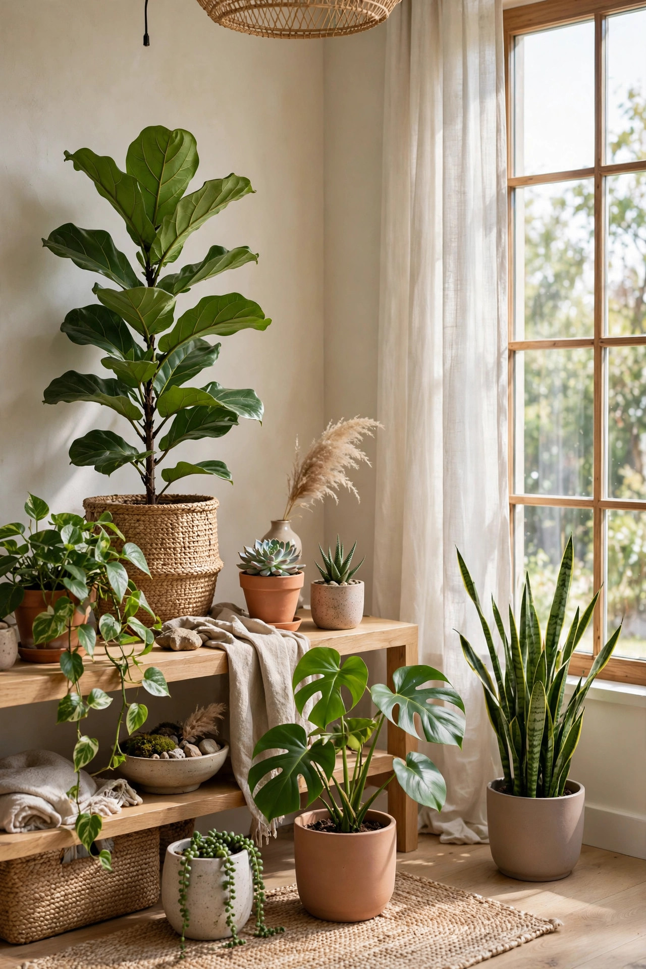 Styled indoor plant decor with houseplants in ceramic and woven pots grouped on a wooden shelf in bright natural daylight