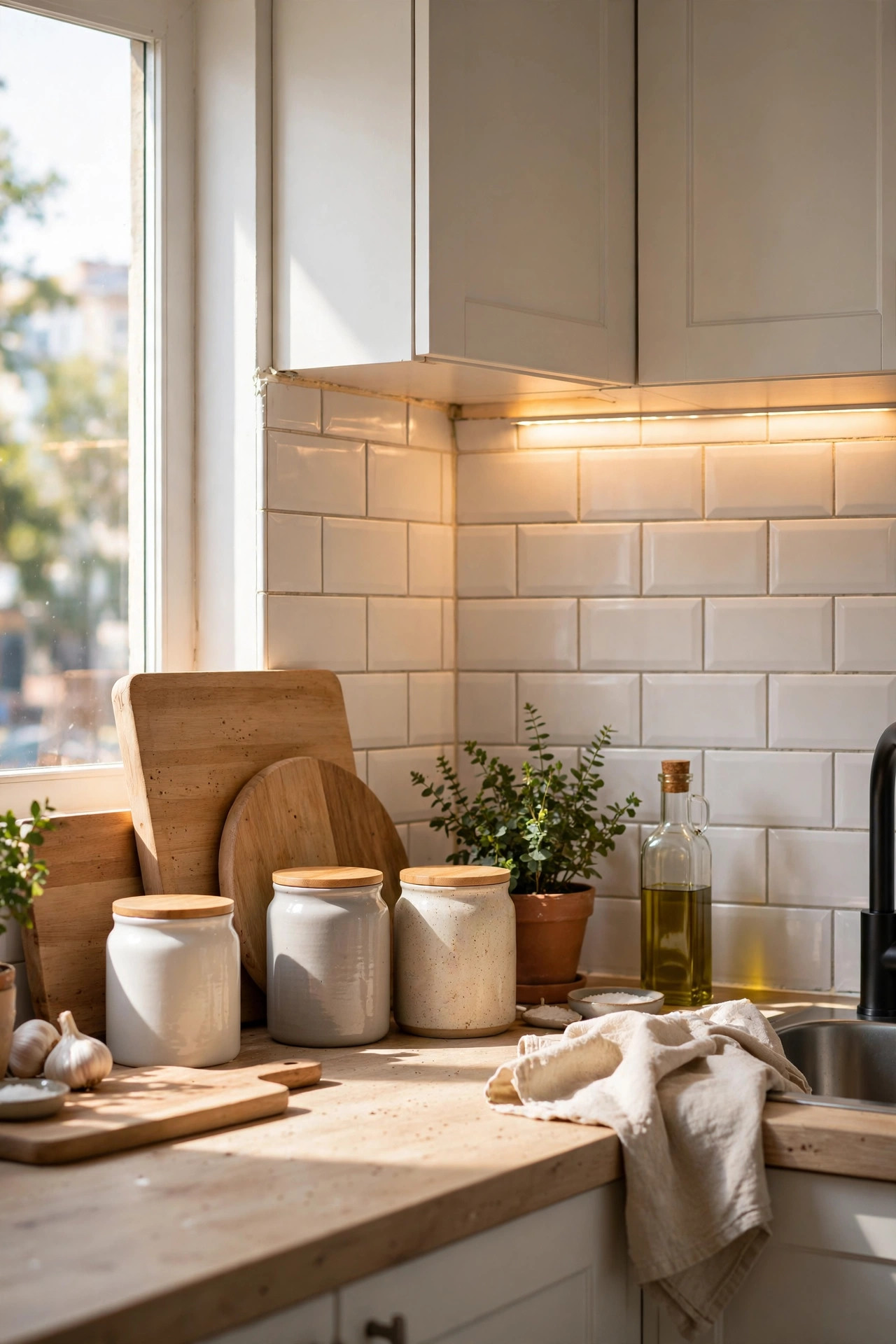 Renter-friendly kitchen upgrade with peel-and-stick subway tile backsplash, warm under-cabinet LED lighting, styled countertops with wooden cutting boards in daylight