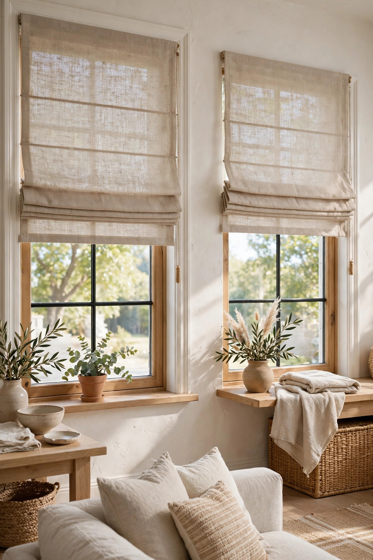 DIY fabric roman shades with clean folds on bedroom windows, warm natural daylight filtering through, no people