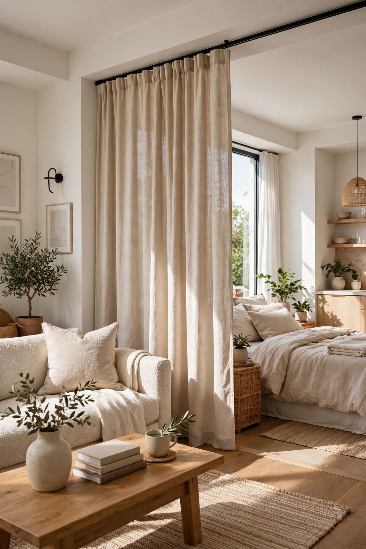 Studio apartment divided by soft curtain panels on tension rods separating a cozy sleeping area from a living space in bright daylight