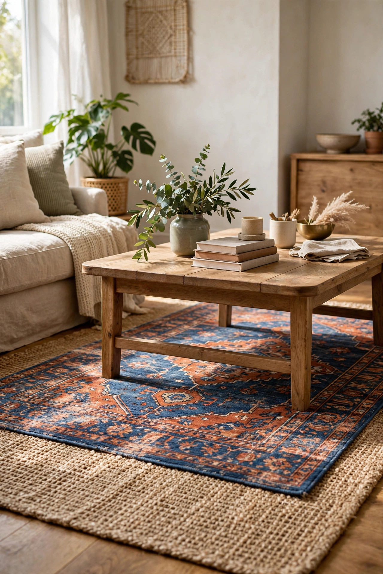 Layered rugs under a coffee table in a cozy living room: large natural jute base rug with smaller patterned rug on top, bright daylight, no people