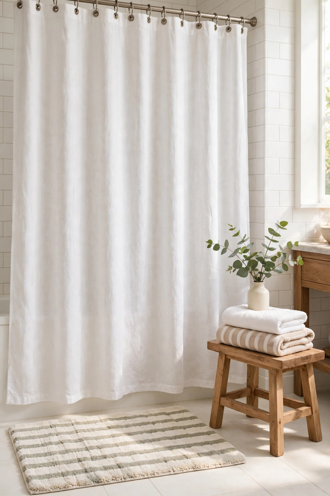 Bathroom refresh with crisp white shower curtain and brushed metal rings, striped bath mat on clean tile floor, folded towels on a wooden stool in daylight