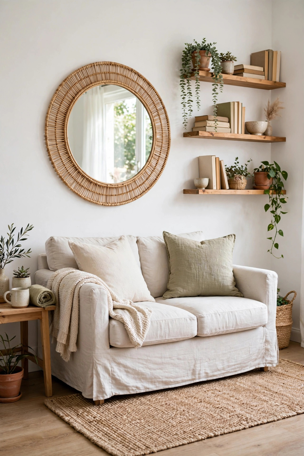 Small living room makeover on a budget: light loveseat, large round mirror, floating wood shelves, jute rug, bright airy feel