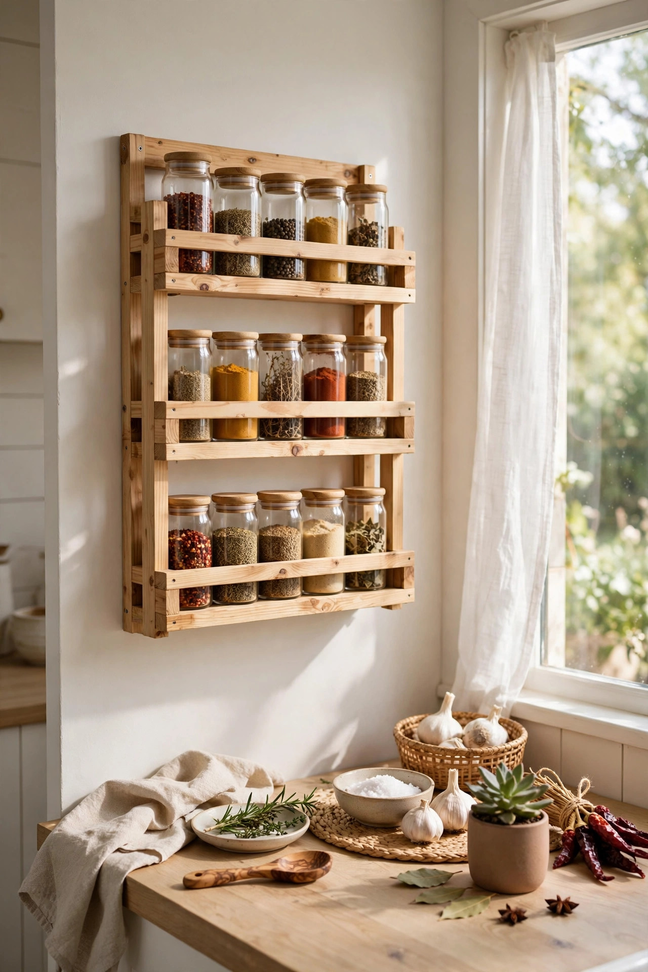 DIY wooden tiered spice rack mounted on a kitchen wall holding uniform glass spice jars, styled in warm natural daylight