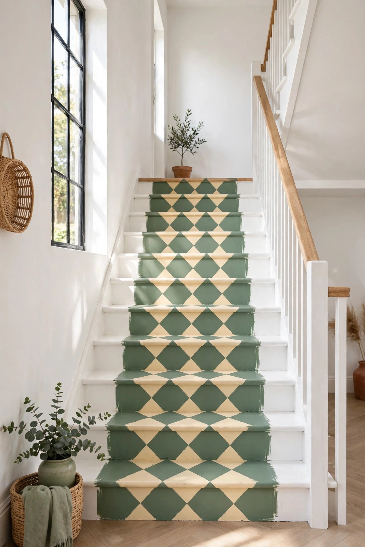 Staircase with a hand-painted geometric diamond runner in sage green and cream, bright white hallway