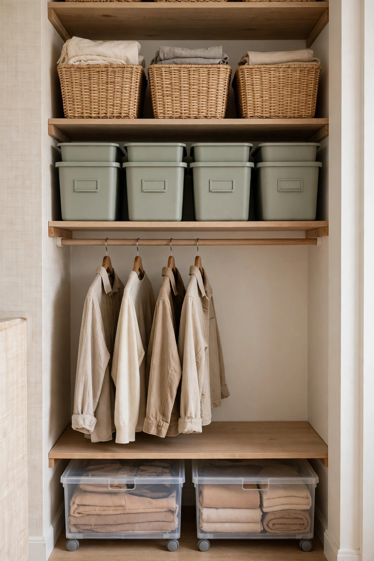 Budget DIY home organization: tidy closet with matching labeled bins, woven baskets on shelves, under-bed rolling storage