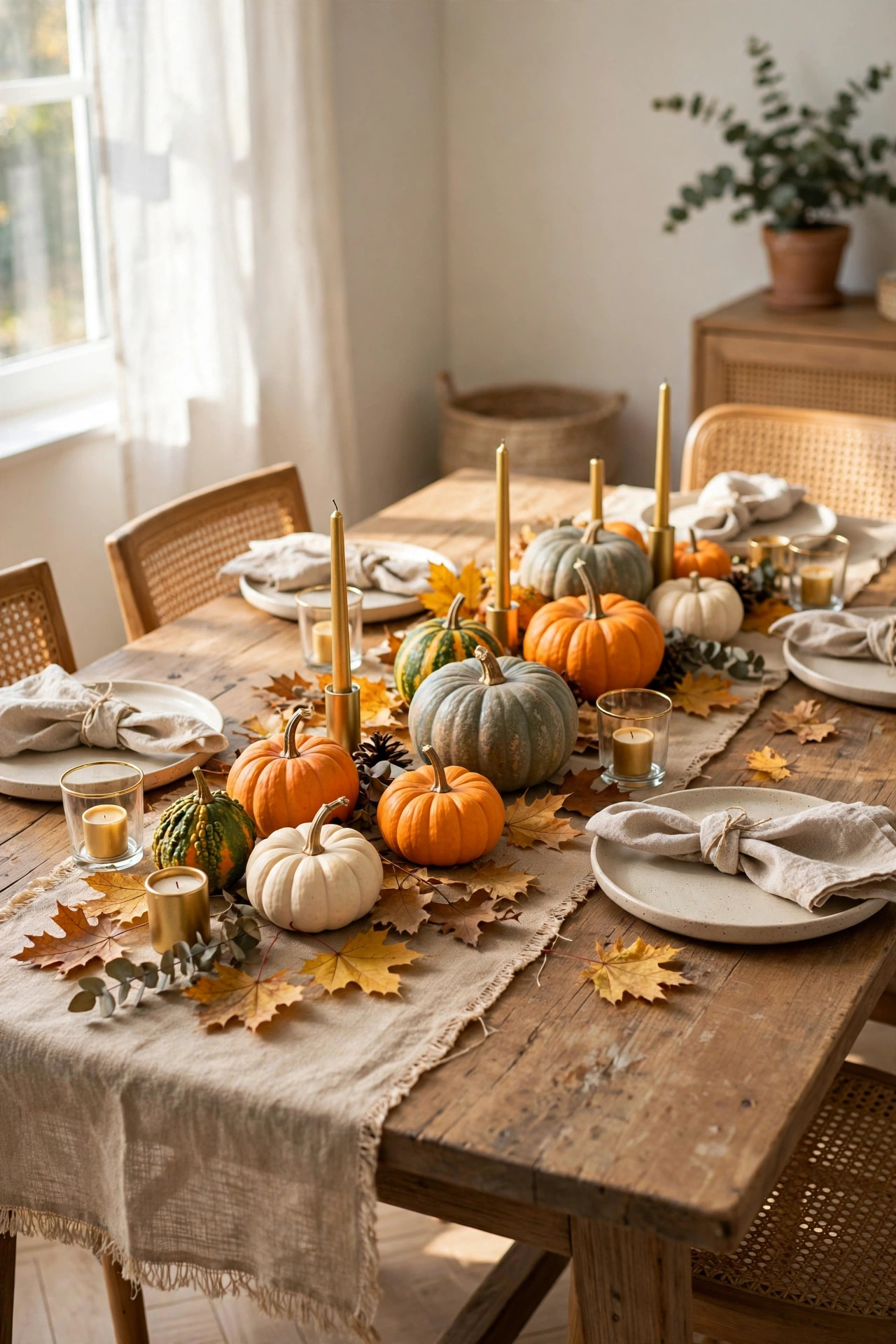 Budget Thanksgiving tablescape: small pumpkins and gourds, autumn leaves, gold candles, and thrifted linen napkins on a long dining table