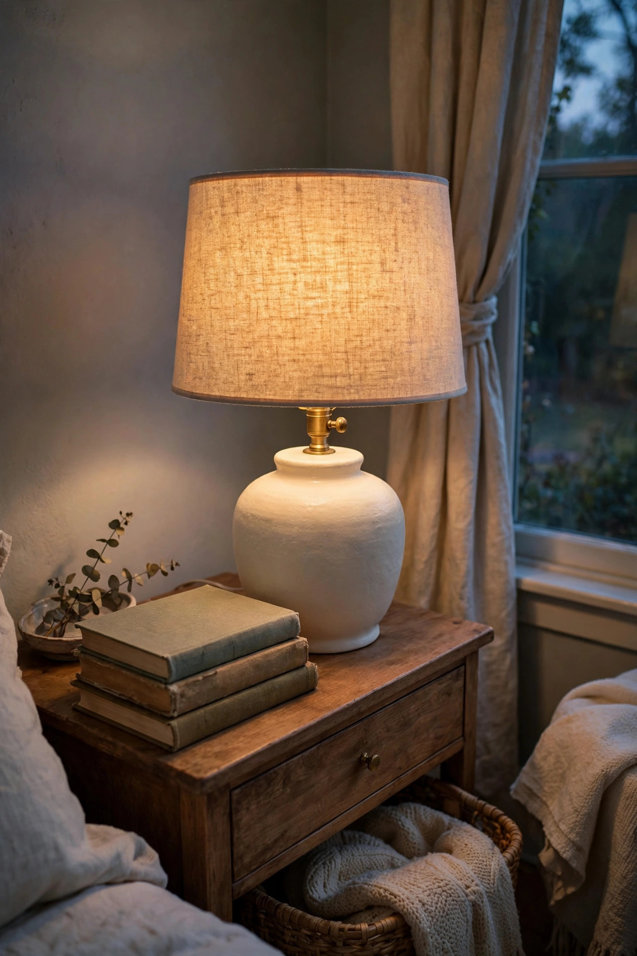 Thrifted lamp makeover: ceramic lamp painted cream with new linen drum shade glowing warmly on a nightstand