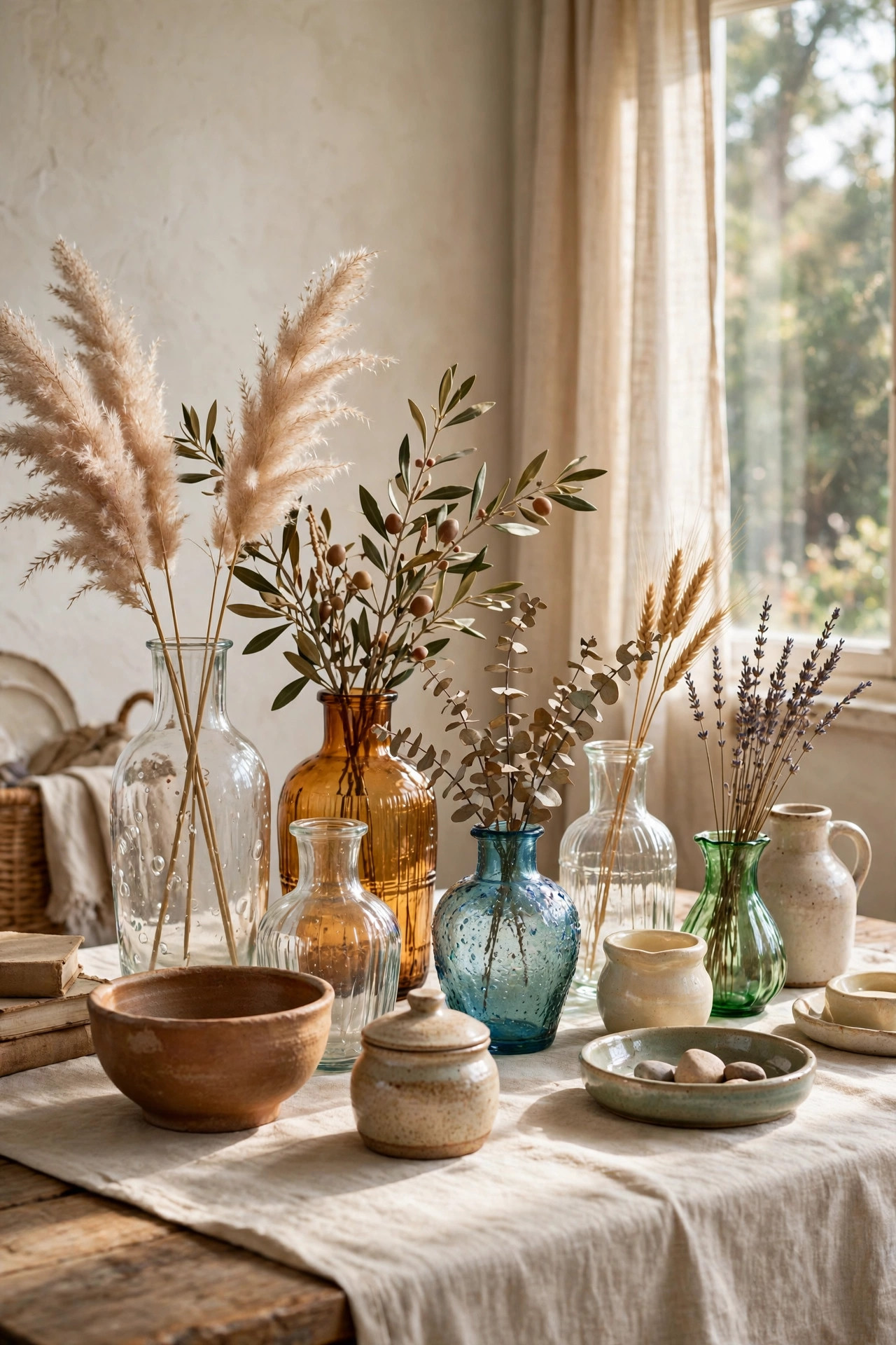 Cluster of thrifted glass and ceramic vases in warm neutrals styled on a console table with dried stems, in bright natural daylight