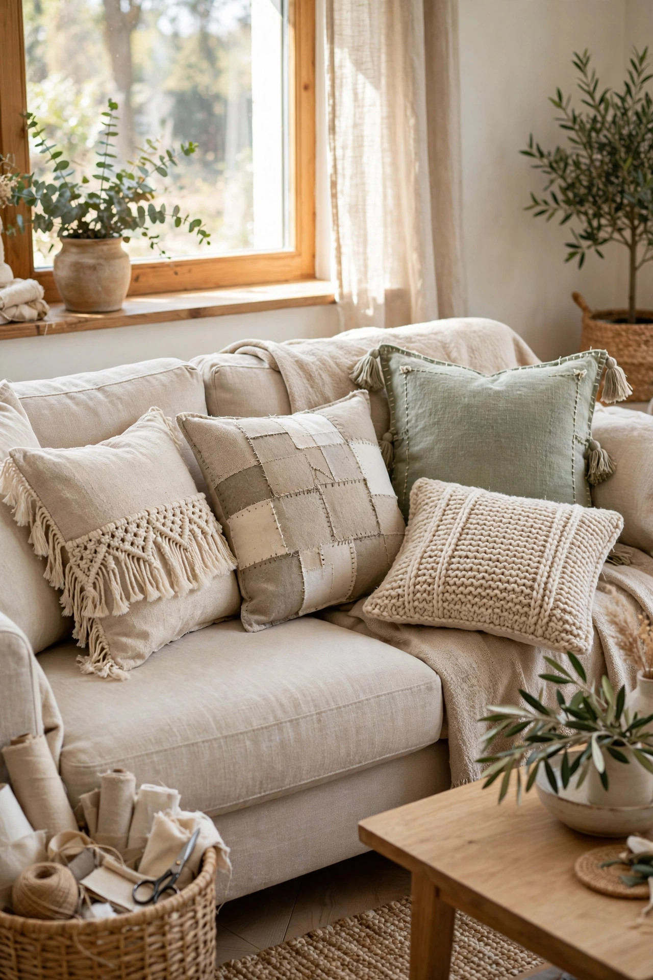 Sofa styled with handmade throw pillows in mixed neutral fabrics and textures, bright natural daylight, no people