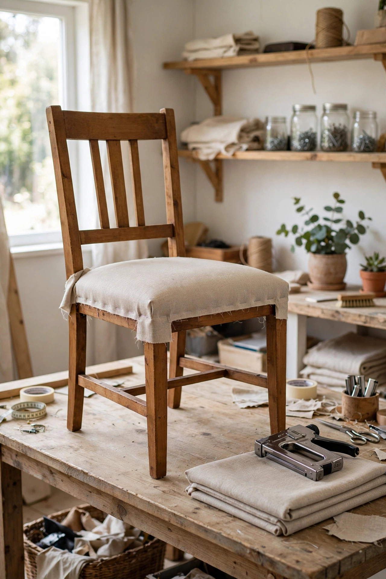 No-sew upholstery project: wooden dining chair with fresh beige linen seat cushion, staple gun and fabric on work table