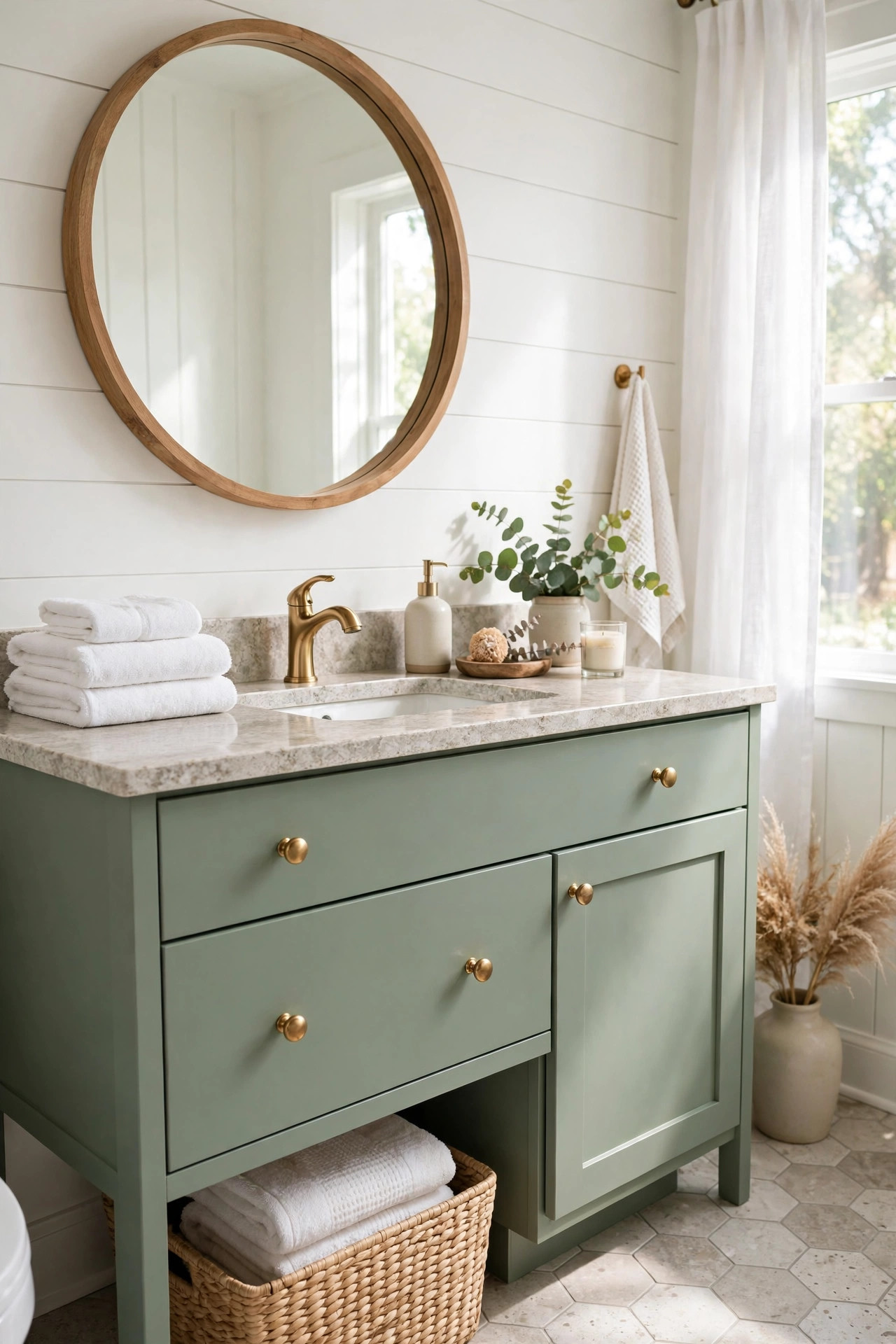Budget bathroom vanity makeover: sage green painted vanity with brass knobs, stone-look countertop, and round wooden mirror in bright daylight