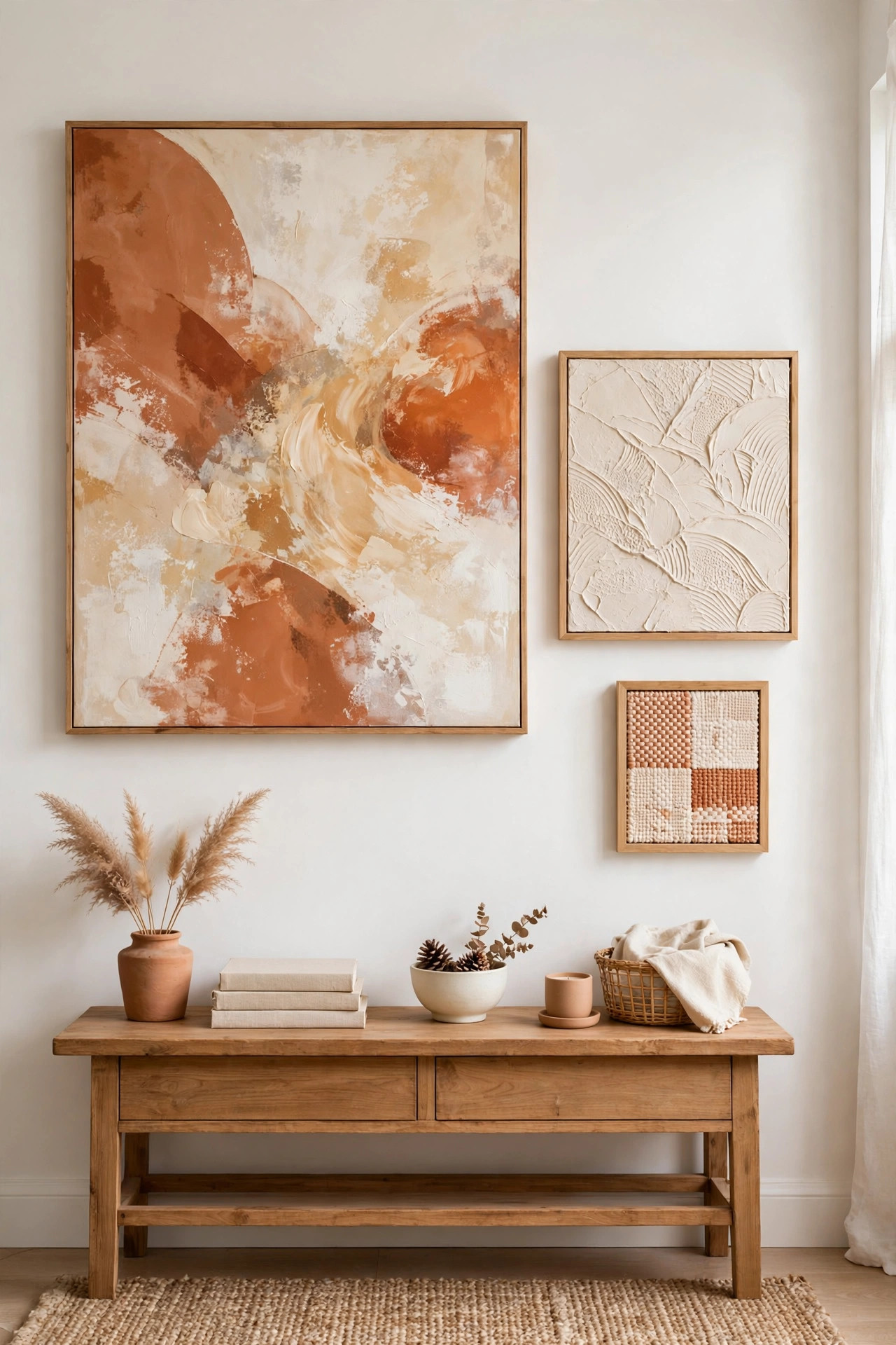 DIY wall art on a budget: terracotta abstract canvas, textured plaster art, framed fabric pieces on a white gallery wall