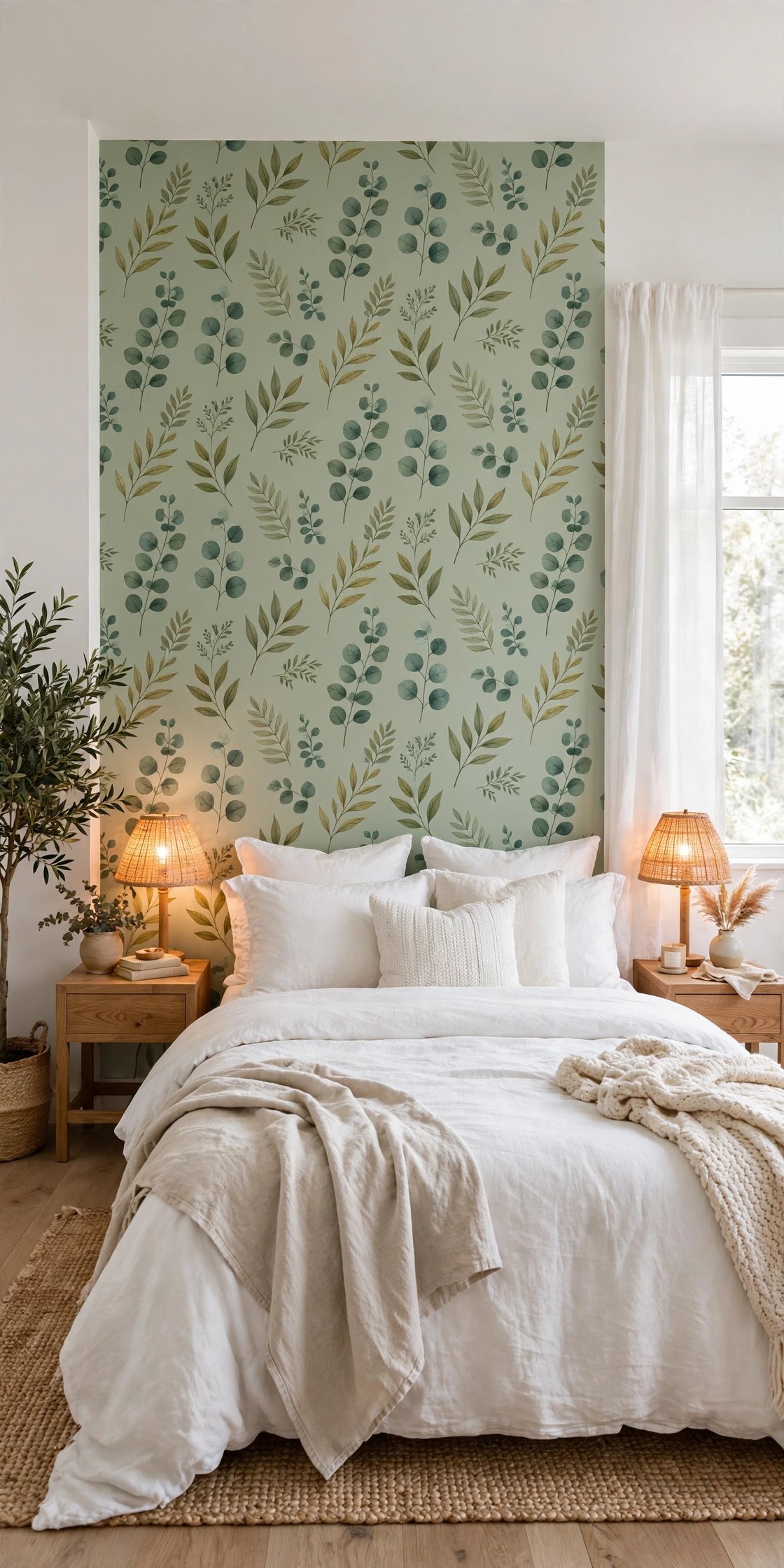 Bedroom with sage botanical peel-and-stick wallpaper accent wall behind the bed